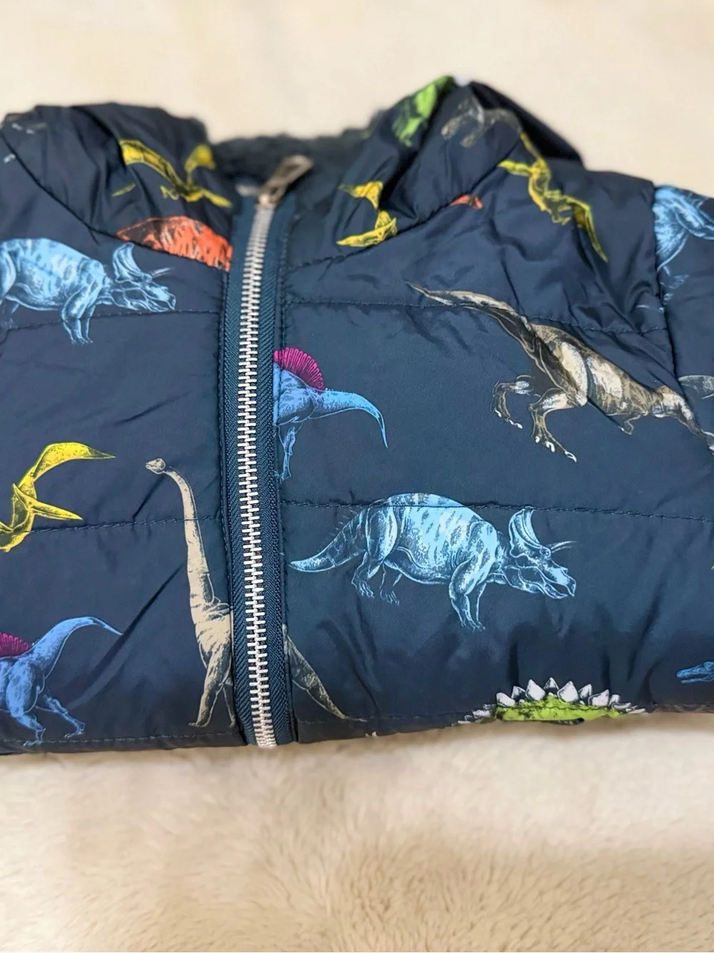 Children's Navy Blue Dinosaur Puffer Jacket with Hood